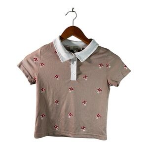 Whimsical Cute Cottage-core Beige Mushroom Micro Mini Stretch Button Up Crop Top